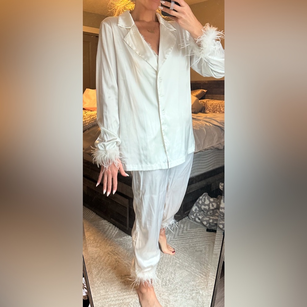 White Fox Bridal Pajamaas with feathers